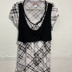 Vintage K-Mode Babydoll Top Vested Short Sleeve Tie Back Plaid White Black 3X